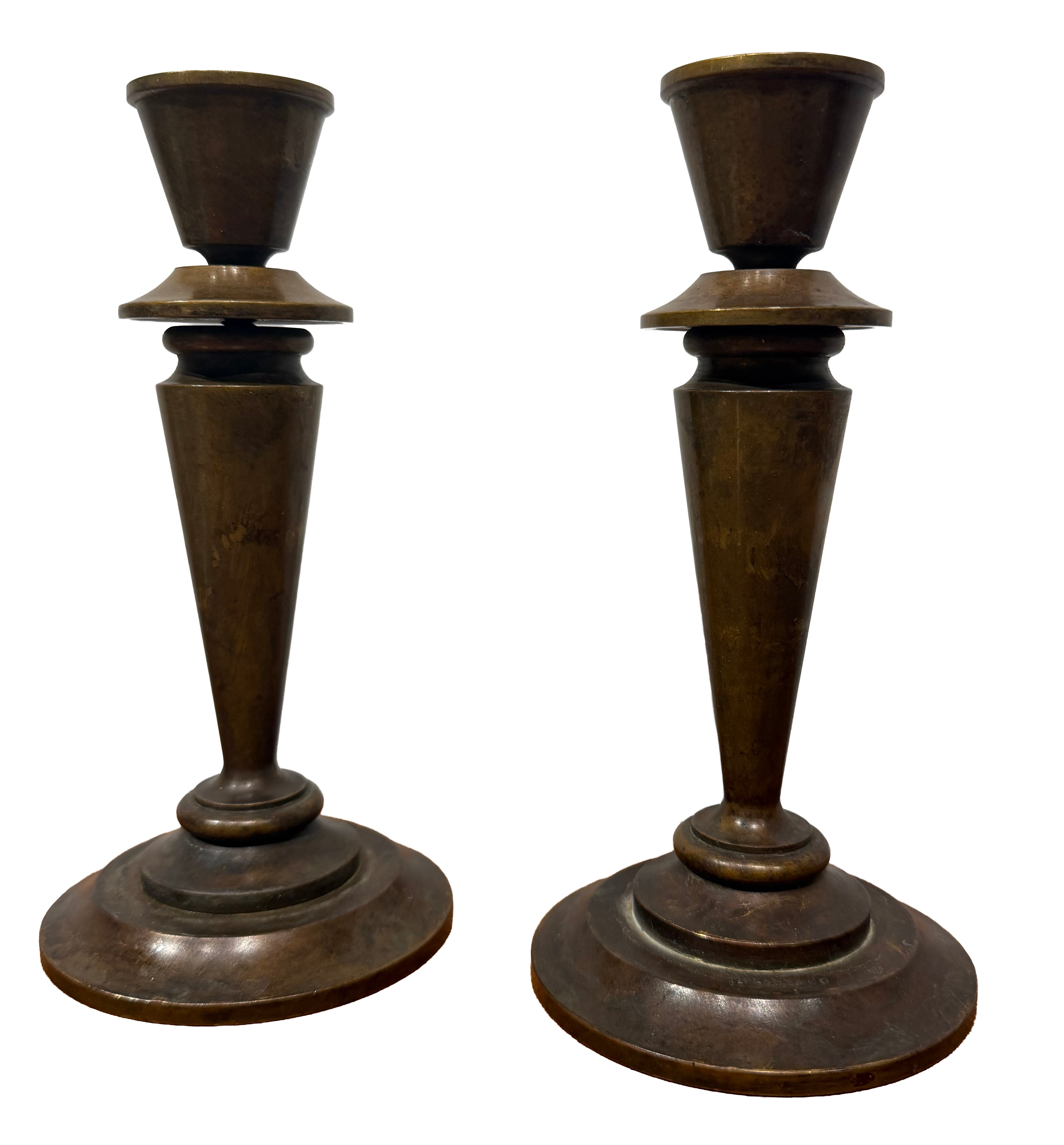 Tiffany & Co. Signed Pair of Bronze Taper Candlesticks