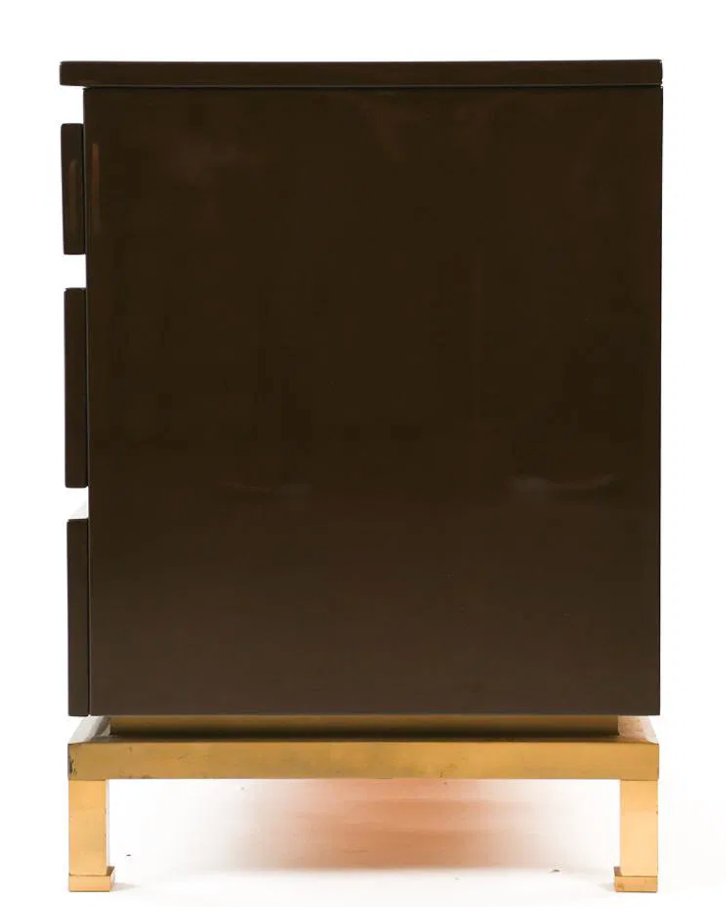 Guy Lefevre for Maison Jansen Three-Drawer Dark Brown Lacquered Commode with Brass Base