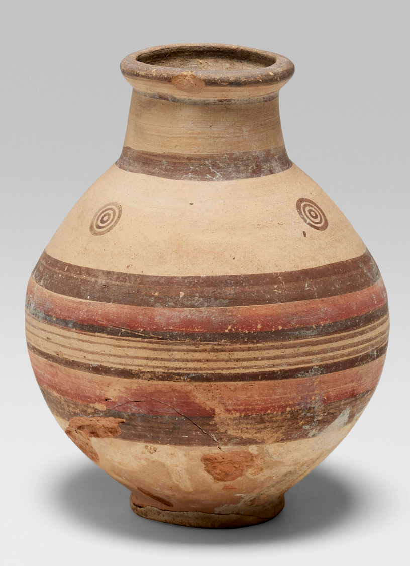 Cypriot Slip-Glazed Terracotta Wine Jug, Bichrome Ware with Horizontal Band Decoration and Concentric Circle Motifs