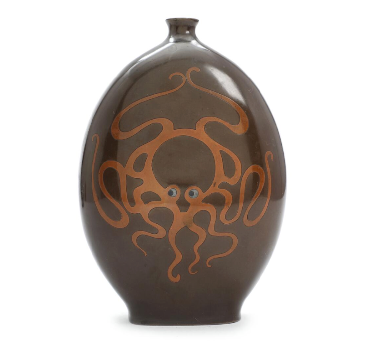 Japanese Patinated Bronze Vase with Mixed Metal Inlay Octopus