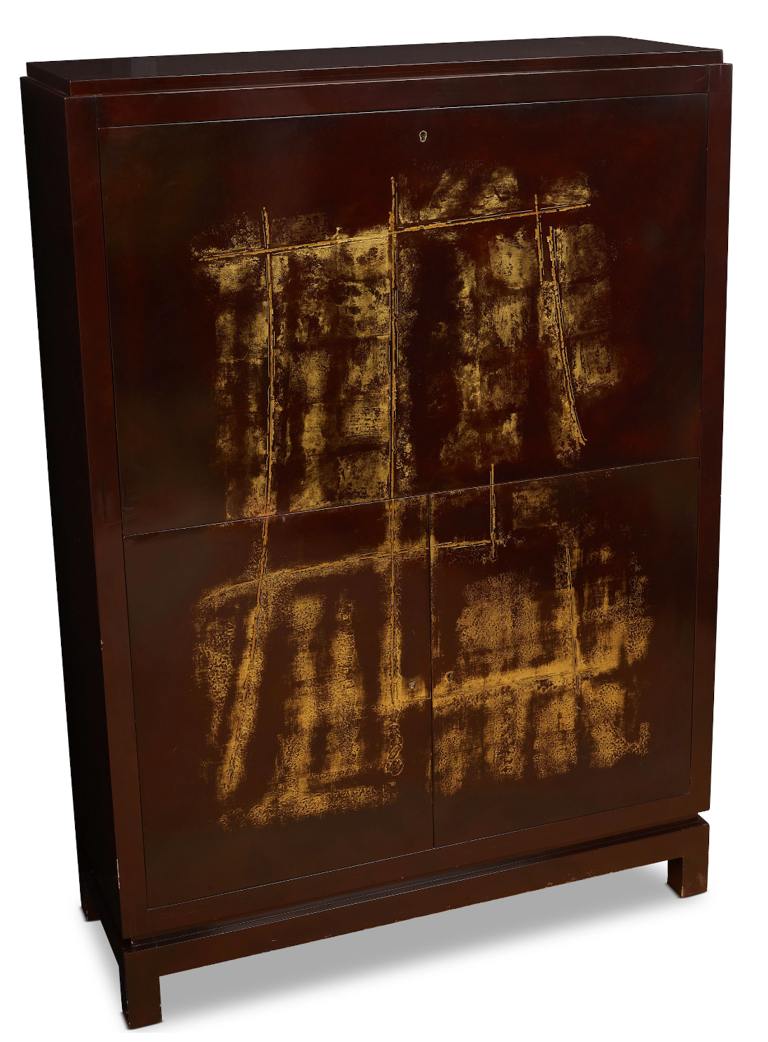 Jacques Adnet Lacquered Cabinet with Abstract Gilt and Inlaid Design