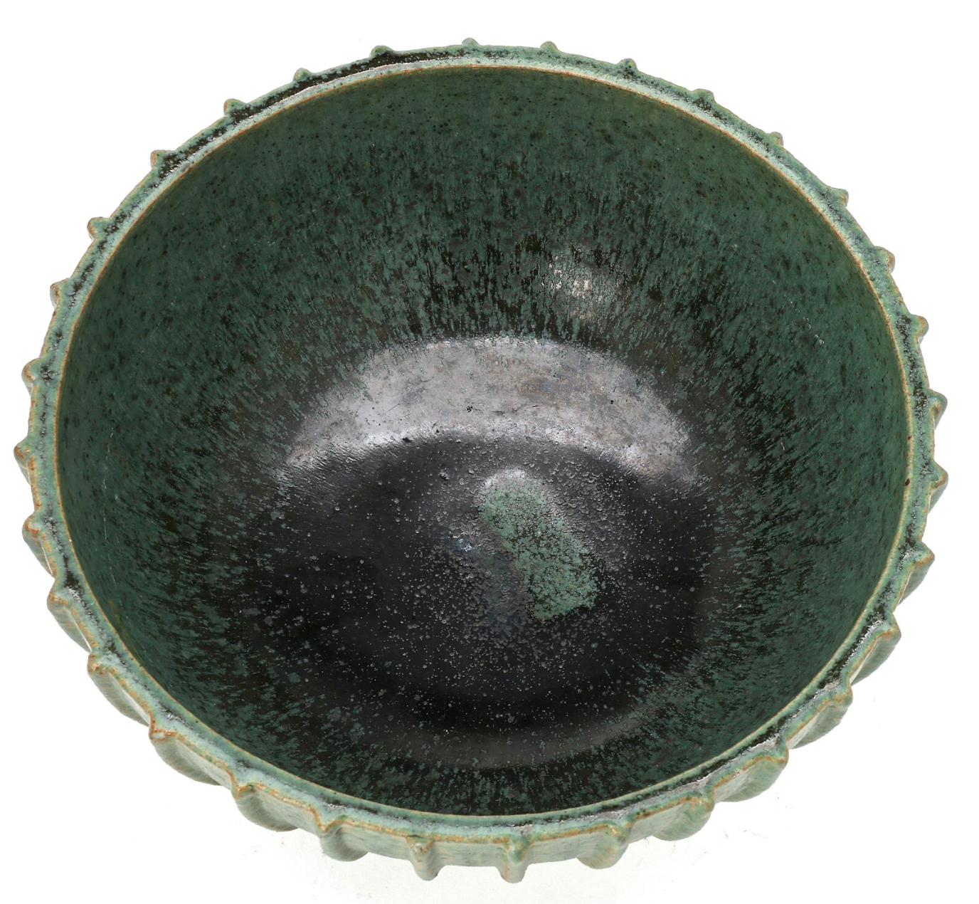 Arne Bang Circular Stoneware Bowl with Vertical Fluted Relief Decor, Green Glaze, Signed Monogram 189