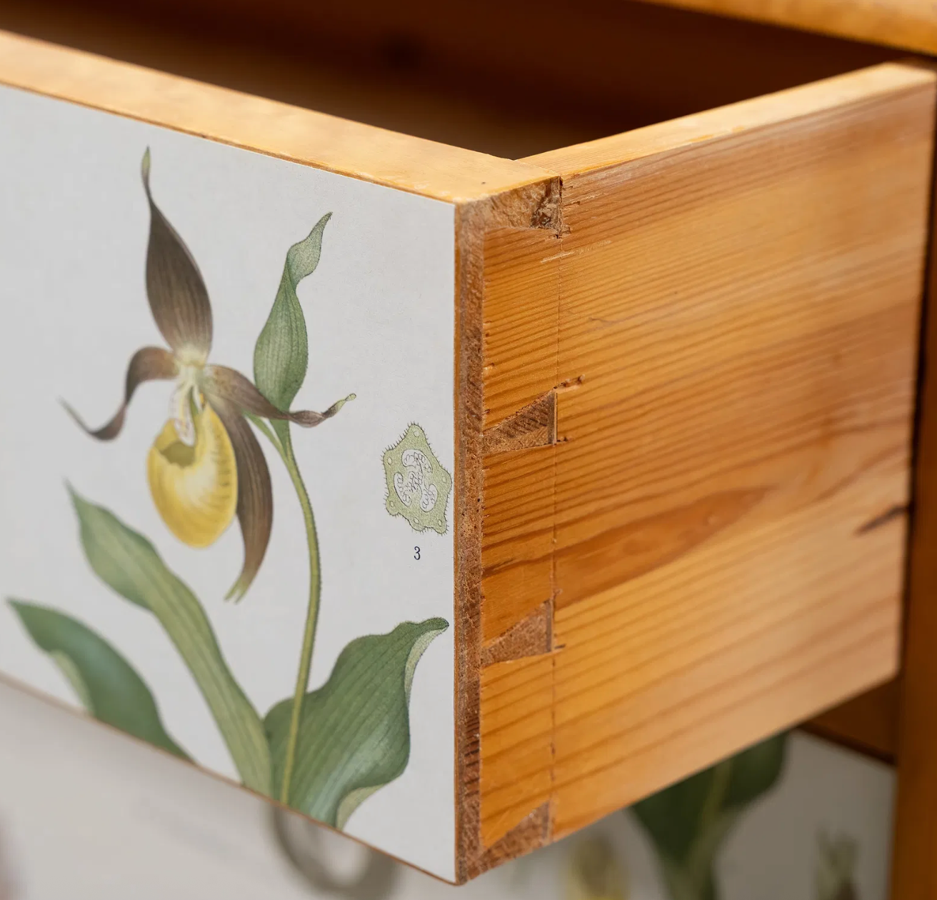 Swedish Chest with Botanical Lithograph Decorated Drawers in The Manner of Josef Frank