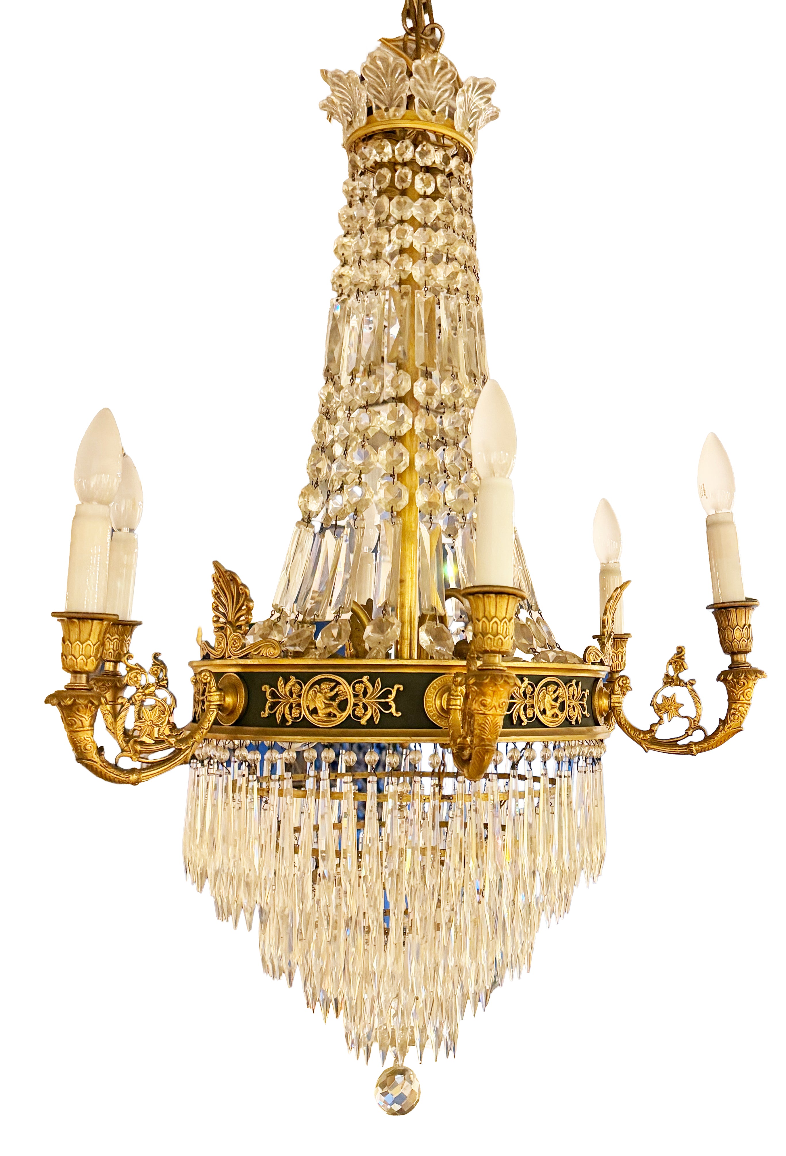 A Crystal and Gilt and Patinated Bronze Empire Style Chandelier