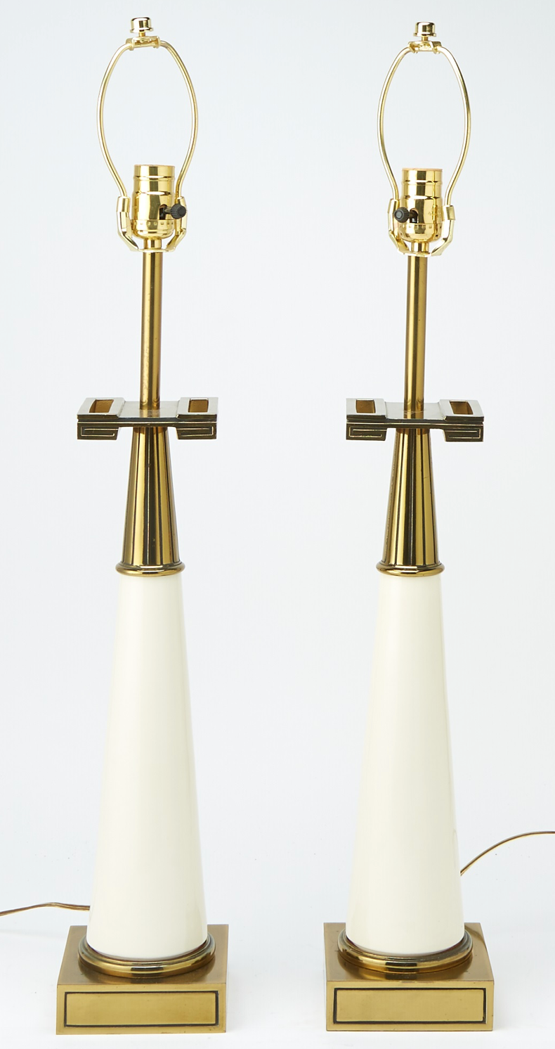 Pair of Tommi Parzinger Attributed Glass and Brass Table Lamps,