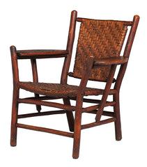 Old Hickory Adirondack Armchair, Hickory Wood with Woven Leather Seat and Back, Rustic Style, Unsigned, circa 1910