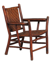 Old Hickory Adirondack Armchair, Hickory Wood with Woven Leather Seat and Back, Rustic Style, Unsigned, circa 1910