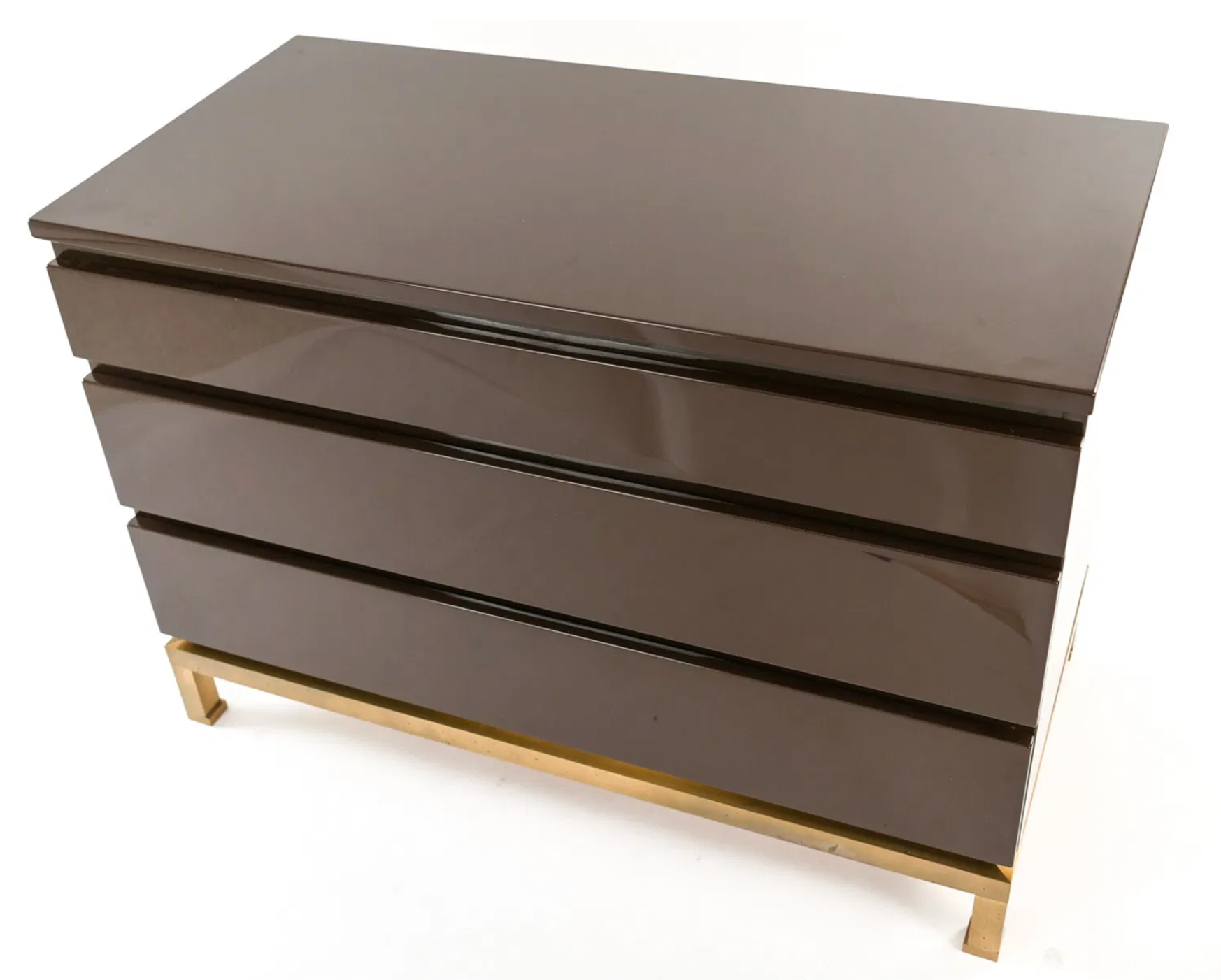 Guy Lefevre for Maison Jansen Three-Drawer Dark Brown Lacquered Commode with Brass Base