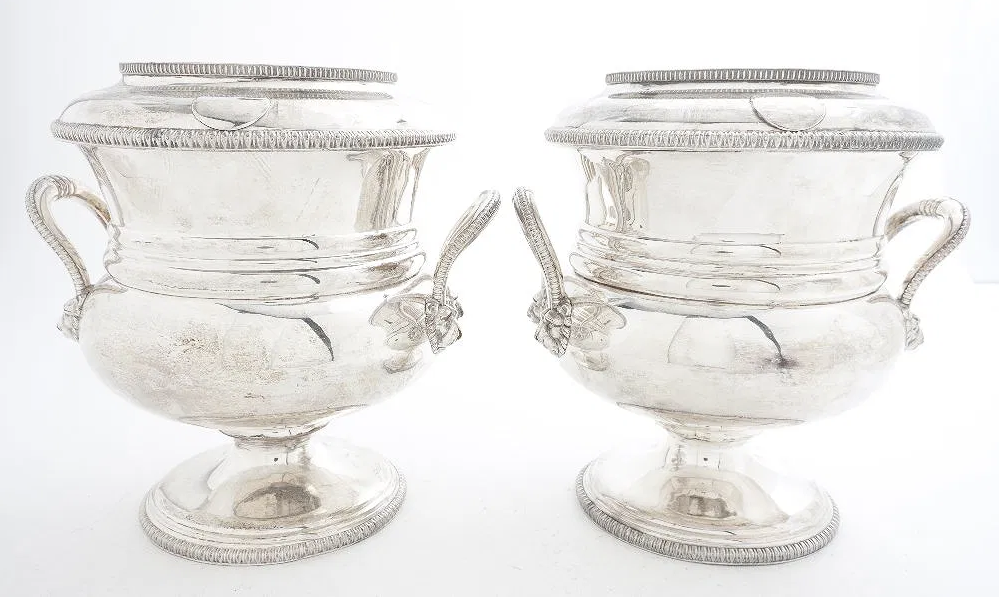 A Pair of George III Silverplate Wine Coolers, Sheffield, Campagna Form with Double Lion Mask Handles