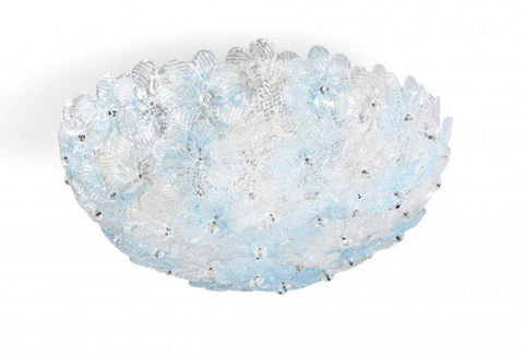 Seguso flush mount floral glass fixture in blue and clear glass.