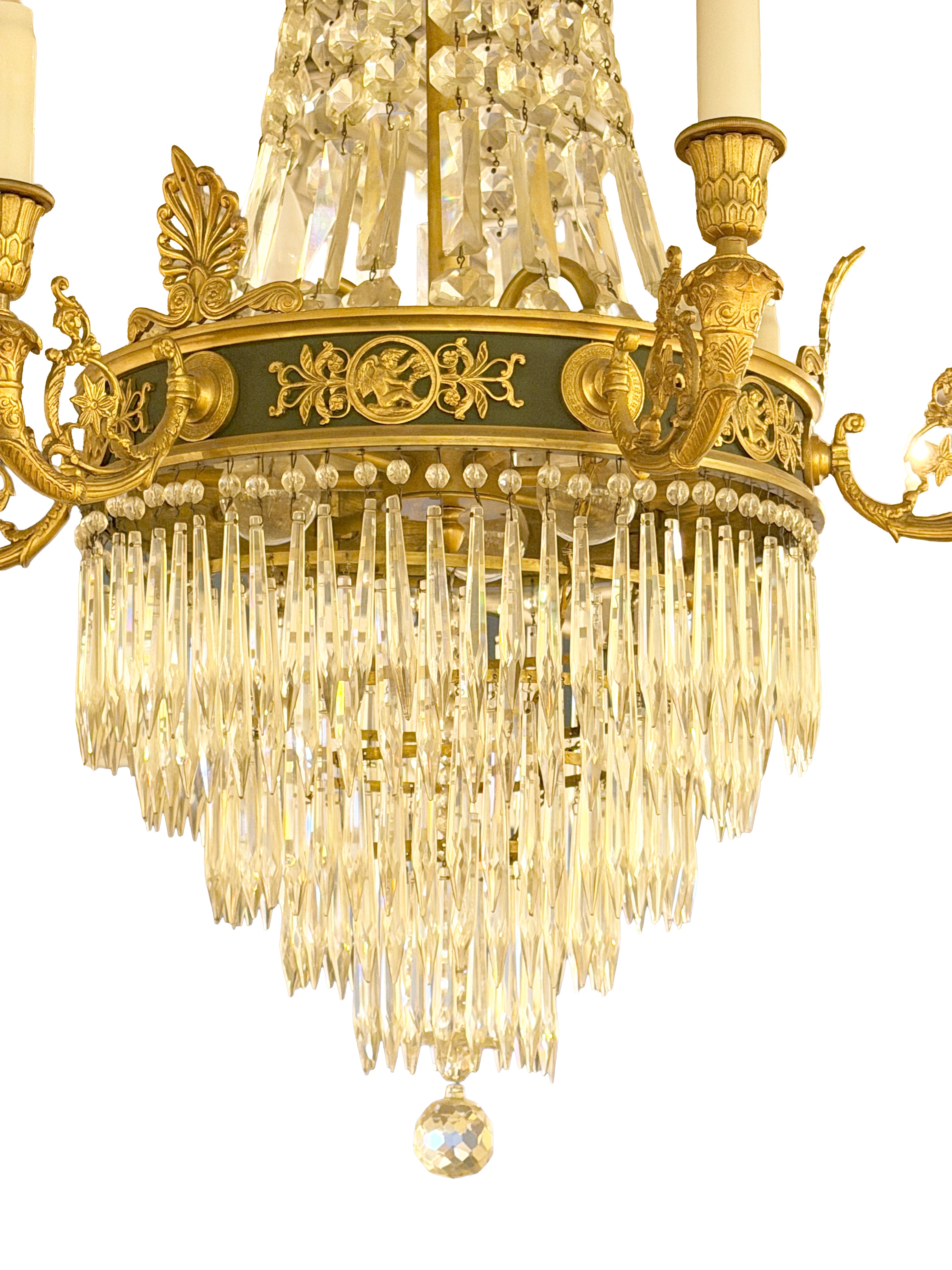 A Crystal and Gilt and Patinated Bronze Empire Style Chandelier