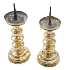 Pair of Gothic Circa 1580–1600 Patinated Brass Altar Candlestick Holders, Baluster Shaped Stem on Round Base, Presumably Friesland