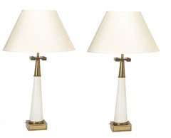 Pair of Tommi Parzinger Attributed Glass and Brass Table Lamps,