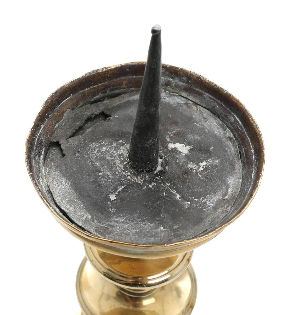 Pair of Gothic Circa 1580–1600 Patinated Brass Altar Candlestick Holders, Baluster Shaped Stem on Round Base, Presumably Friesland