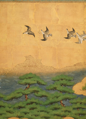 A Japanese Byobu Screen Depicting a Boat Scene with Swallows.
