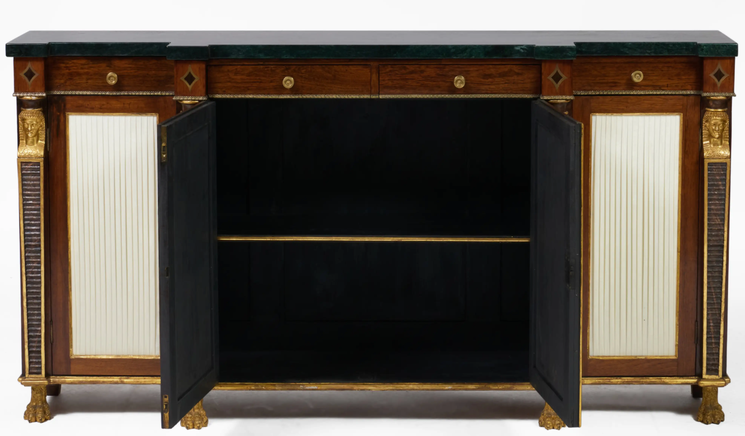 Regency Brass-Inlaid Rosewood Breakfront Credenza With Marble Top