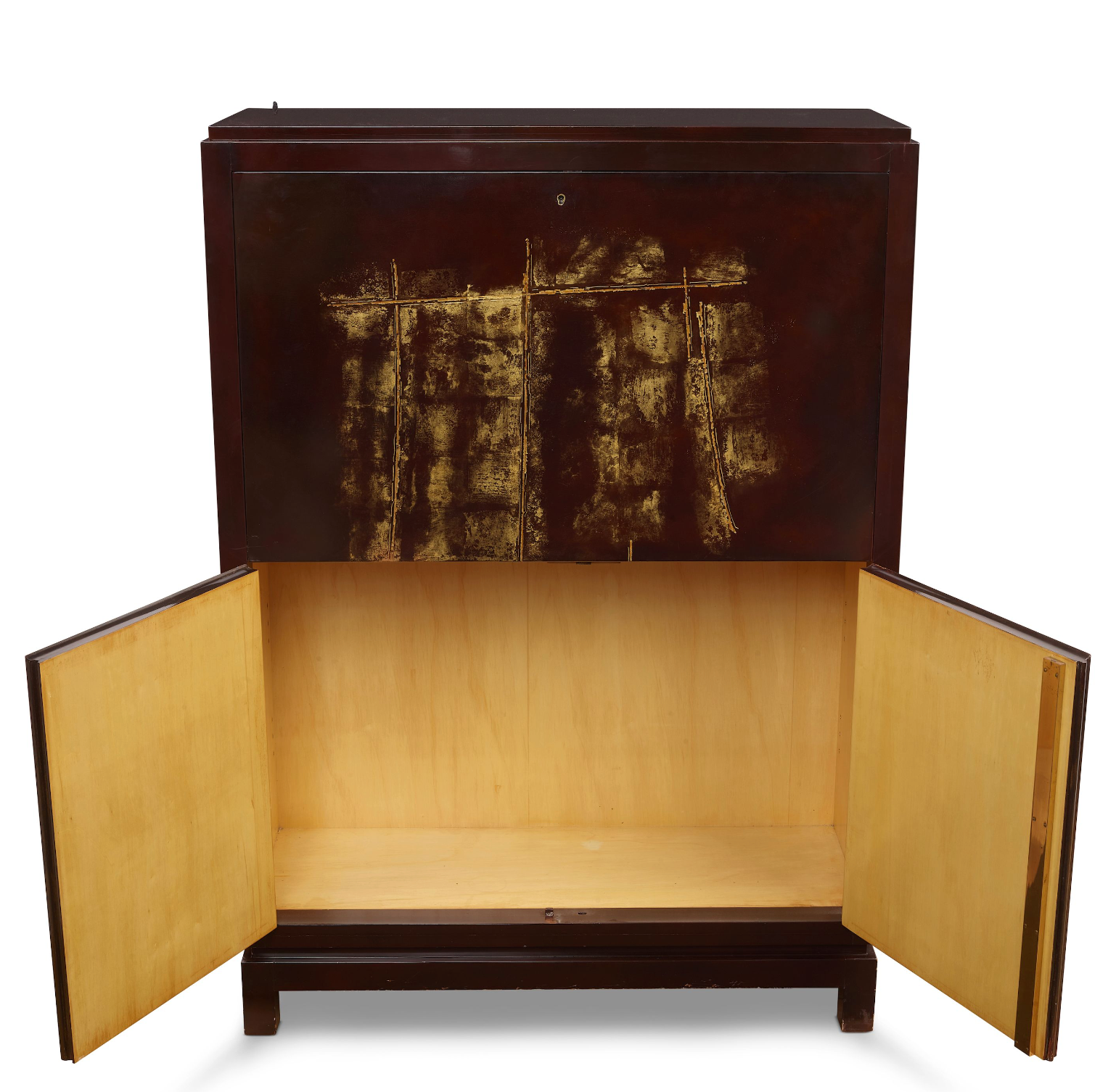 Jacques Adnet Lacquered Cabinet with Abstract Gilt and Inlaid Design