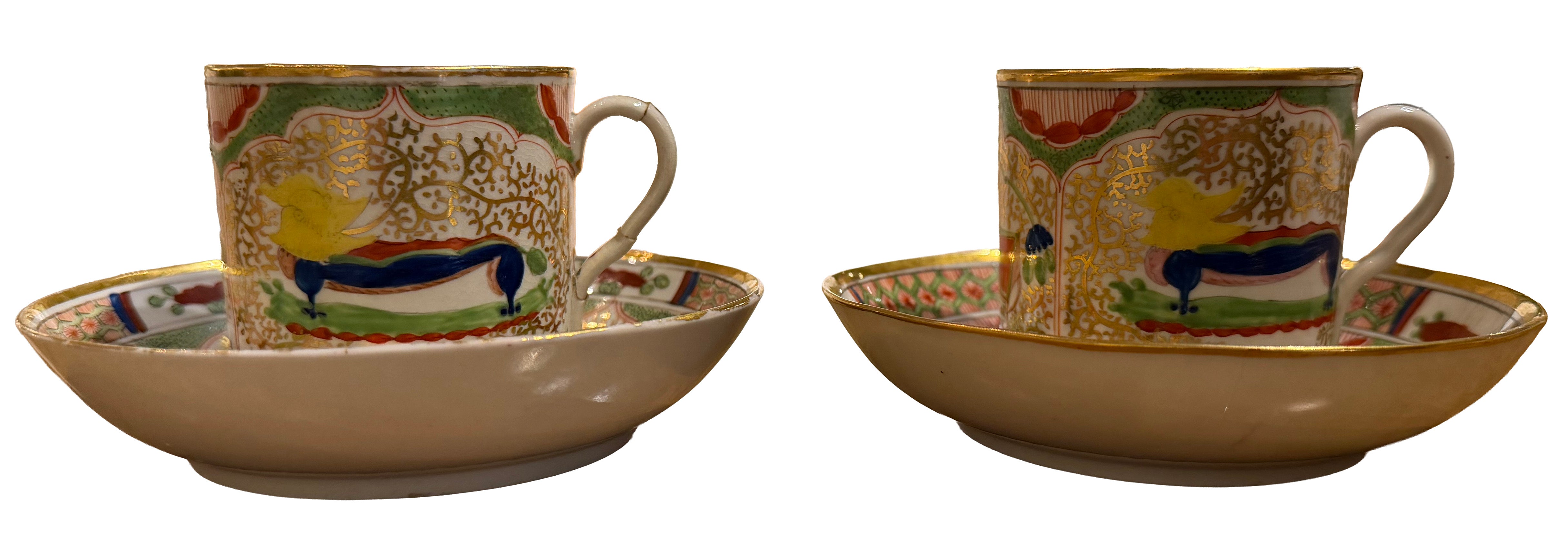 A Pair of Worcester Dragons in Compartments Pattern Coffee Cups