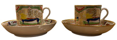 A Pair of Worcester Dragons in Compartments Pattern Coffee Cups