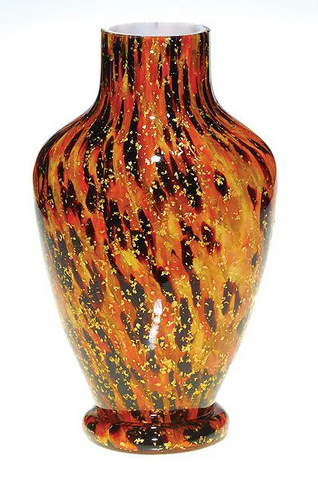 Vasa Murrhina footed vase in faux tortoise with gold mica hand blown glass