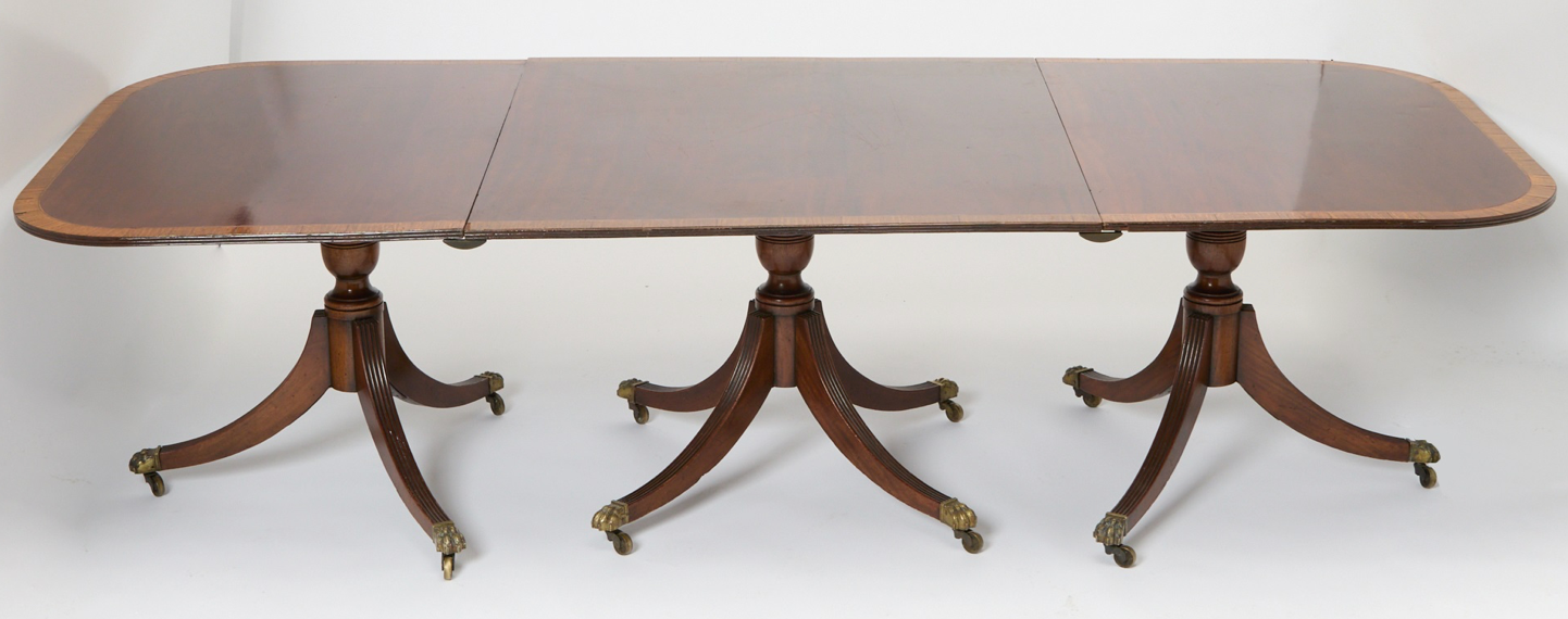 Regency Banded Mahogany Triple Pedestal Dining Table with Two Leaves