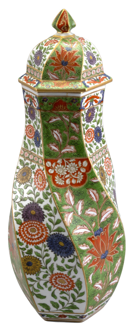A English Porcelain Twisted Hexagonal Lidded Vase