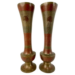 Pair Anglo Indian Etched Colored Brass Vases with Peacocks