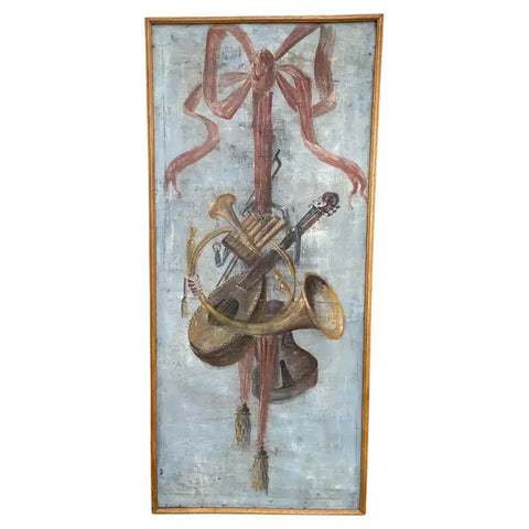 18th Century Italian Trompe L'Oeil Painting On Canvas Of Musical Instruments