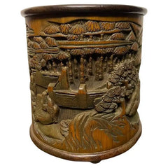 Chinese Bamboo Calligraphy Brush Holder Carved with Scholars in a Garden