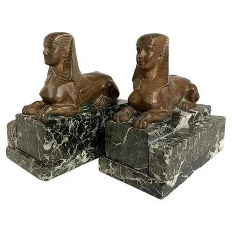 Pair 19th Century French Bronze Sphinx on Verde Antico Marble Bases