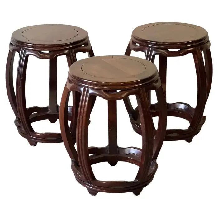 Set of 3 Chinese Rosewood Garden Stools or Side Tables