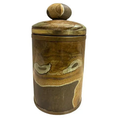 Italian Agate Hard Stone Round Box with Lid and Brass Mounts