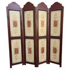 Italian Painted Four Panel Wood Screen Room Divider With Floral Decoration
