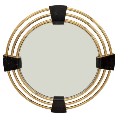 Large Art Deco Style Round Mirror with Black Marble Insets