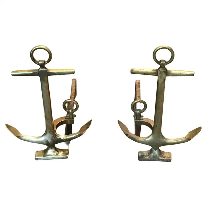 Pair of 1950's Brass Anchor Andirons
