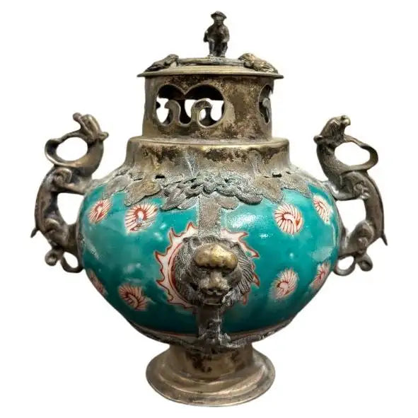 Chinese Qing Glazed Ceramic with Metal Mounts, Monkey, Frogs, Phoenix, Dragons