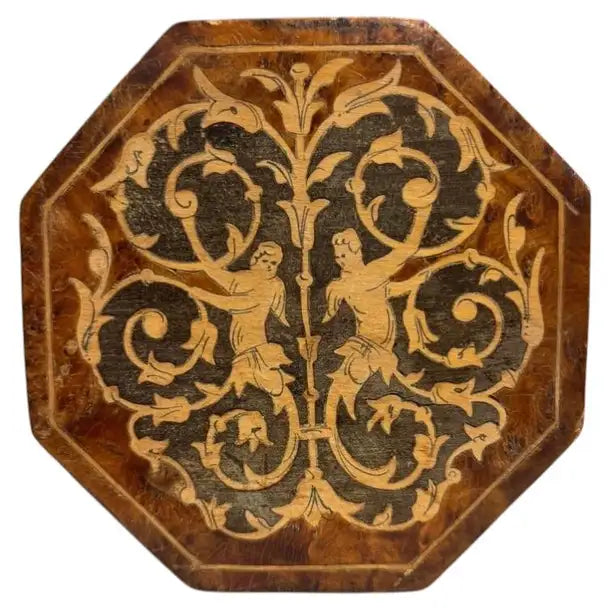 Italian Renaissance Style Octagonal Burl Wood Box With Fruit Wood Inlay