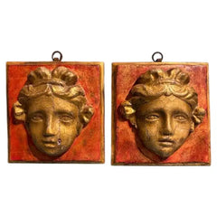 Pair of 18th Century Hand Carved Italian Neoclassical Giltwood Masks