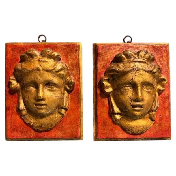 Pair of 18th Century Hand Carved Italian Neoclassical Giltwood Masks