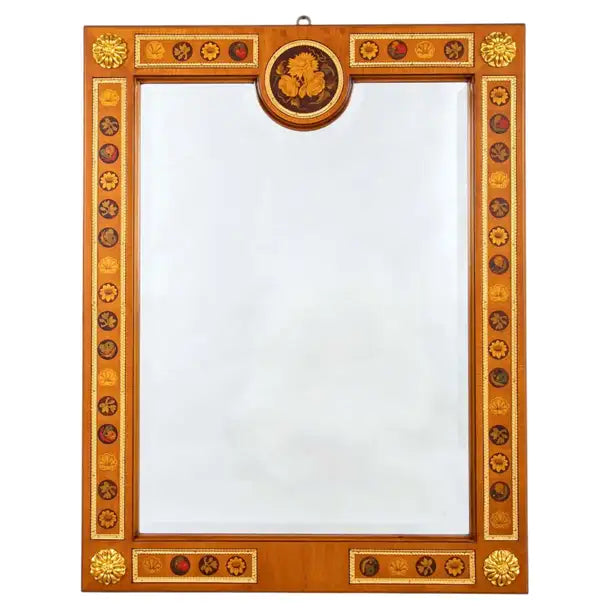 Italian Neoclassical Fruitwood Mirror with Floral, Butterfly and Shell Inlay