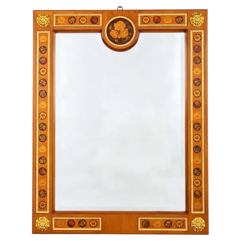Italian Neoclassical Fruitwood Mirror with Floral, Butterfly and Shell Inlay
