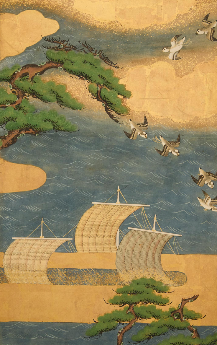 A Japanese Byobu Screen Depicting a Boat Scene with Swallows.