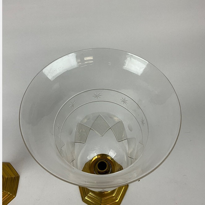 Pair of French Regence Style Photophores with Colonial Motif Hurricane Glass Shades