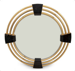 Large Art Deco Style Round Mirror with Black Marble Insets