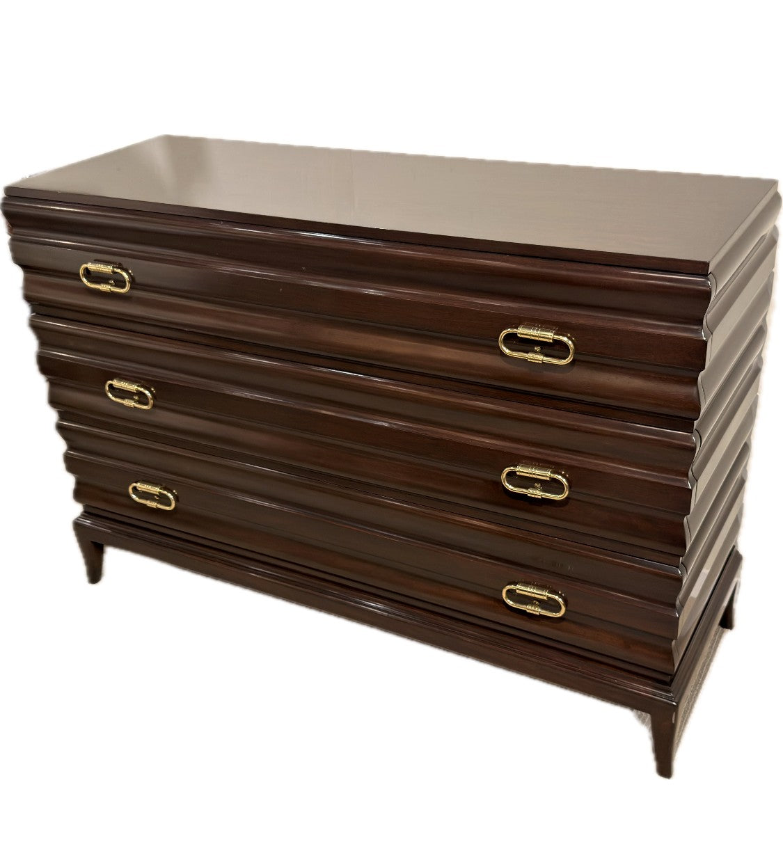 Walnut Three-Drawer Chest Horizontal Ripple Front  ·  Brass Hardware  ·  USA