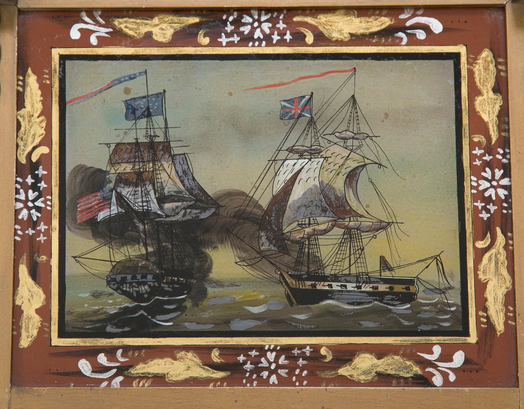American Federal Mirror with Eglomise Panel of a Maritime Scene from the War of 1812