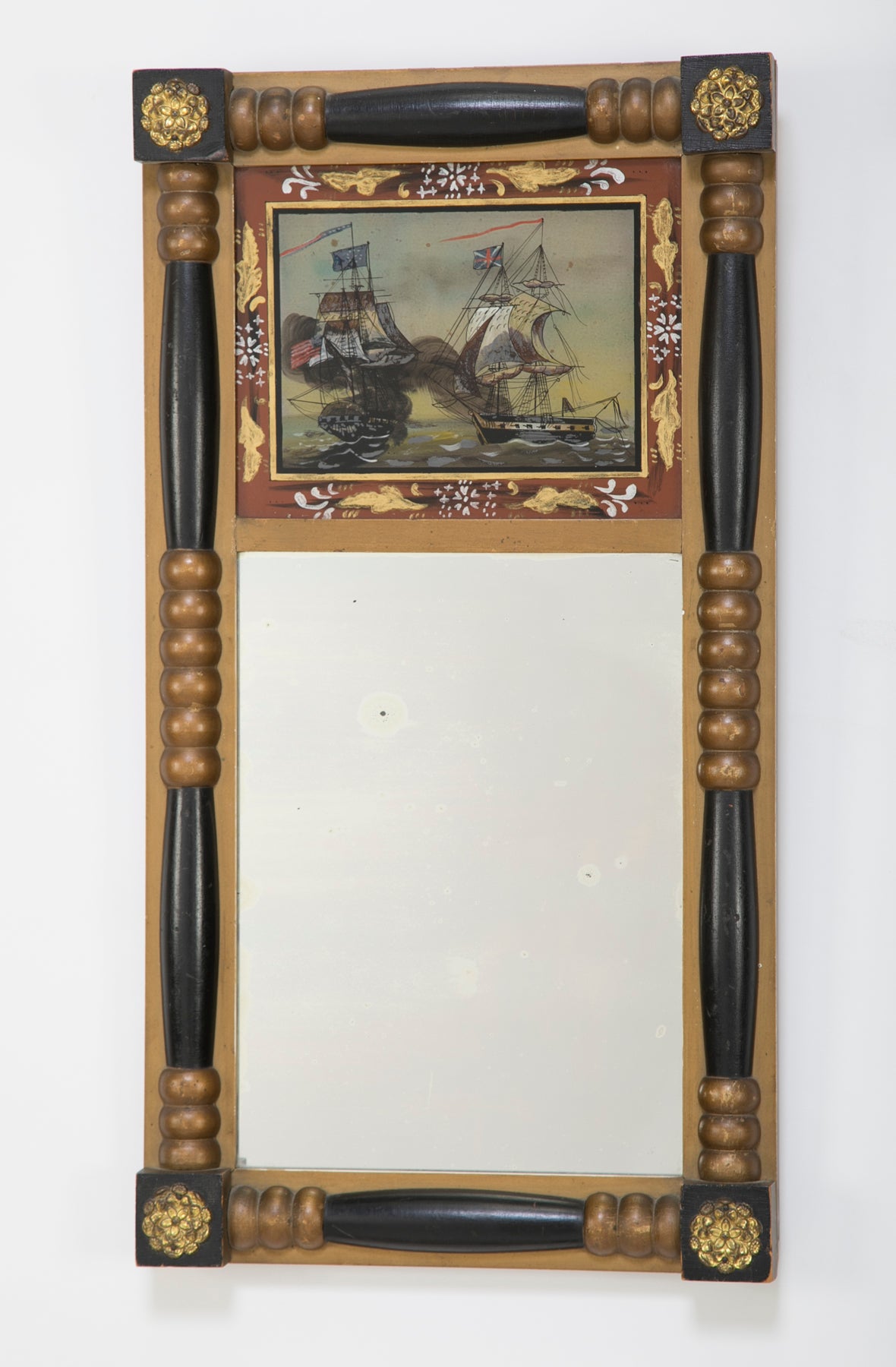 American Federal Mirror with Eglomise Panel of a Maritime Scene from the War of 1812