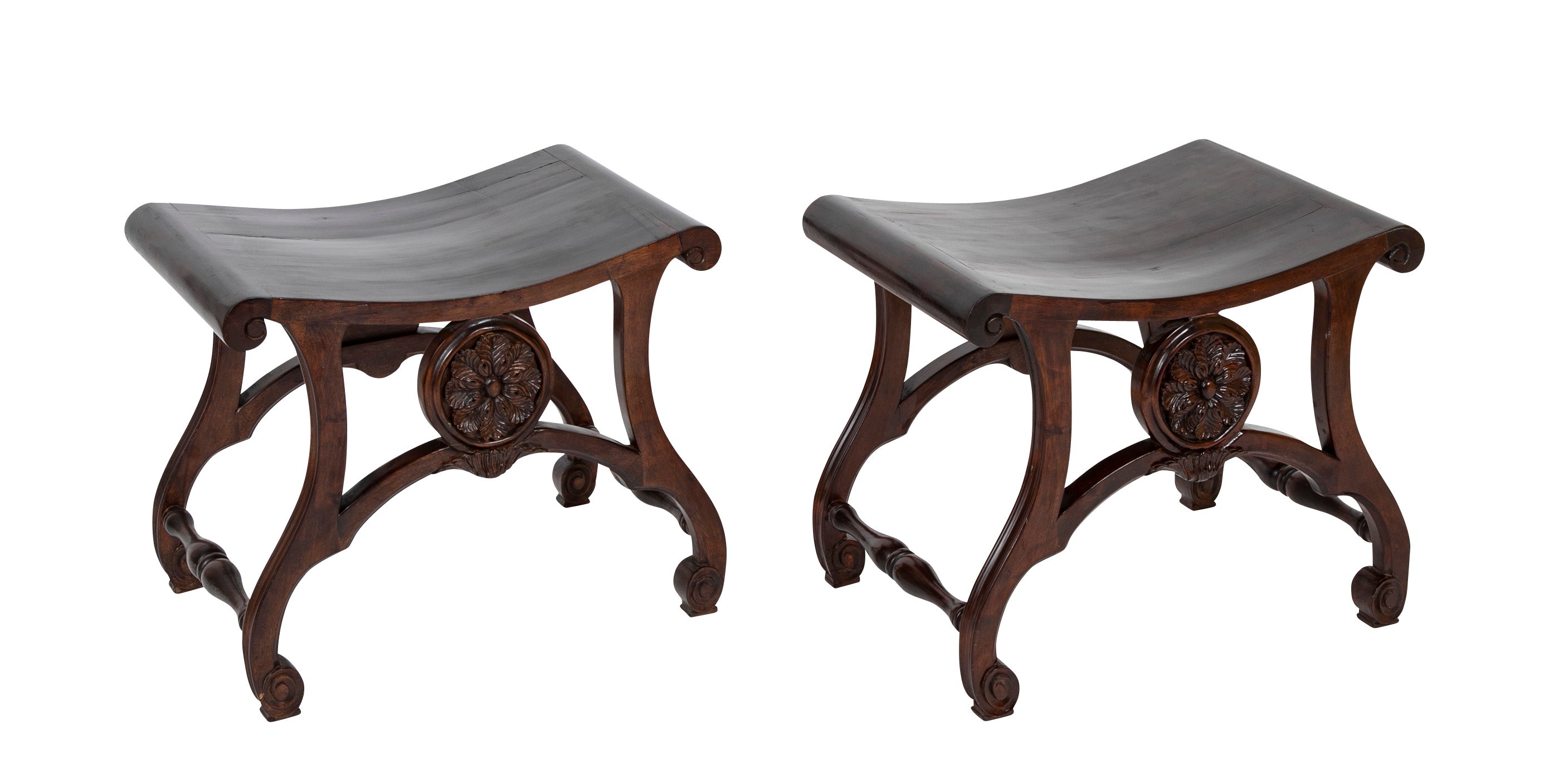 Pair of English Chippendale Style Mahogany Saddle Seat Scroll Leg Stools