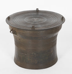 Southeast Asian Bronze Rain Drum with Triple Stacked Piggy-back Frogs & a Procession of Elephants