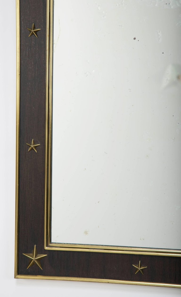 Jacques Adnet Wood and Brass Mirror with Brass Stars